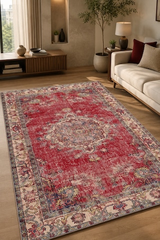 Vintage Eskitme Kırmızı Dijital Baskılı Halı - Yıkanabilir Salon Odası Halısı Bordo