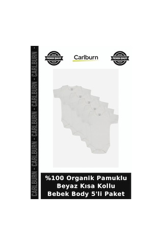Carlburn %100 Organik Pamuklu Beyaz Kısa Kollu Bebek Body 5'li Paket Günlük Kıyafet Bebekler İçin Yenidoğan