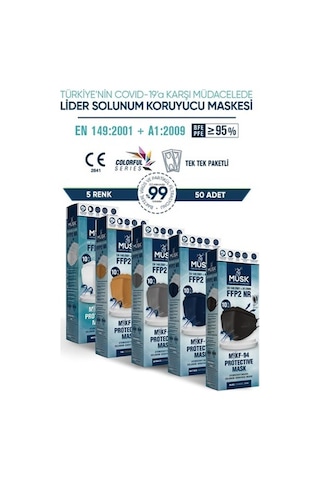 Musk Kf94 Kore Tipi Ffp2 Maske 5 Renk 50 Adet (Beyaz, Taba, Gri