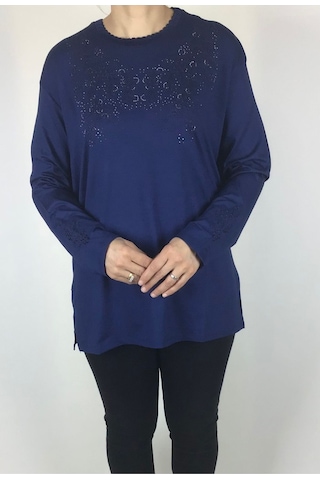 Kadın Likralı Turlu Viskon Büyük Beden Yaka Ve Kolağzı Taşlı Ve İşlemeli Bluz Mavi