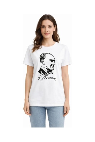 Defymoda Atatürk Baskılı Tişört Kısa Kollu Bisiklet Yaka T-shirt - Beyaz