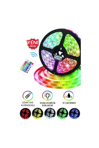 Şerit Led Işık RGB 5 metre Hazır Set Tak Çalıştır Kumandalı Adaptörlü Silikonlu