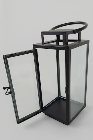 Cam Panelli 31 Cm Metal Mumluk Fener - Askılı Dikdörtgen Dekoratif Şamdan Siyah