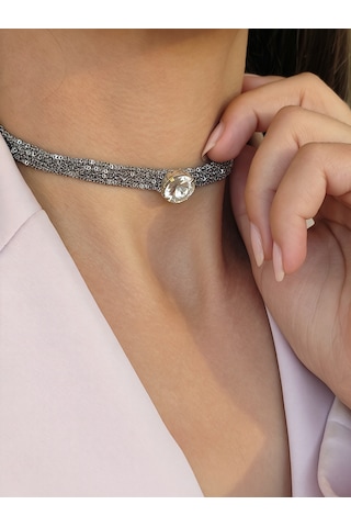 Kordon Zincir Örme Kristal Taşlı El Yapımı Choker Tasma Şeffaf Silver Renk Kolye Şefffaf