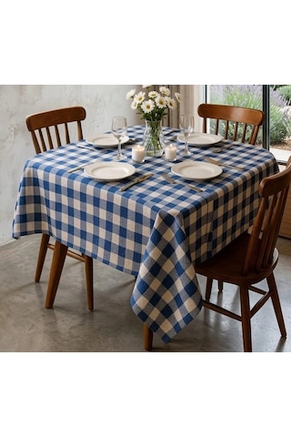 Bicomi Leke Dirençli & Ütü Gerektirmeyen Konforlu Fiber Sofra Bezi 160x160 Cm, Mavi Ekose Çok Renkli