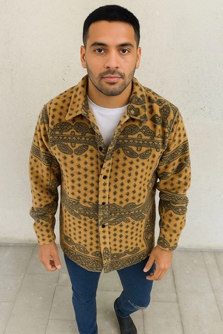 Wear Vexel Erkek Düğmeli Gömlek Polar Sweatshirt Yumuşak Dokulu Oversize Kalıp -sarı Çok Renkli