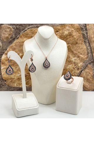 Elmas Montür Rosegold Damla Gümüş Set Takım - Lvrset08 Rose Gold