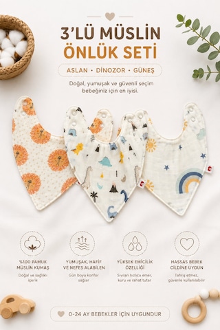 Reyo Beberotti 3'lü Müslin Bebek Önlük Fular Seti - Aslan, Dinozor Ve Güneş, %100 Pamuk Müslin Kumaş, Emici, Nefes Alabilen, Ayarlanabilir Çıtçıtlı Bebek Önlüğü Çok Renkli
