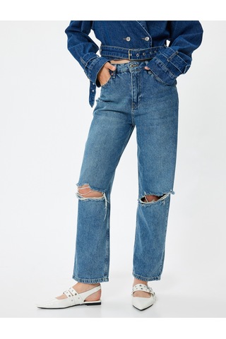 Koton Normal Bel Düz Paça Yıpratılmış Kot Pantolon - Straight Fit Jeans Orta İndigo 5wal40056md İndigo