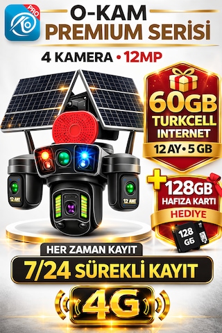 O-kam Ok336 Premium Serisi 12mp 4 Kameralı 4g Çift Solar Panel Gece Görüş 1 Yıl Turkcell +128gb Hafıza