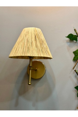 Rafya Saçaksız Bohem Hasır El Yapımı E27 Ampül Kablolu Aplik - Alt Eskitme Gold Natural