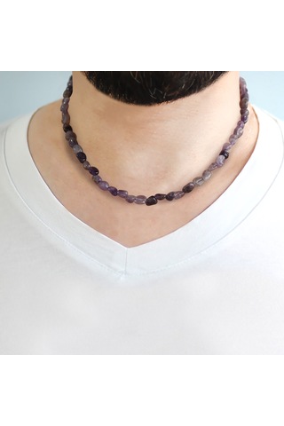 Silver Renk Metal Zincirli Amorf Ametist Doğaltaş Erkek Kolye Gümüş