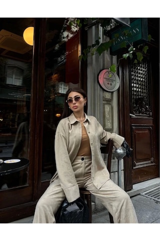 Süet Gömlek Palazzo Pantolon İkili Takım - Bej Bej