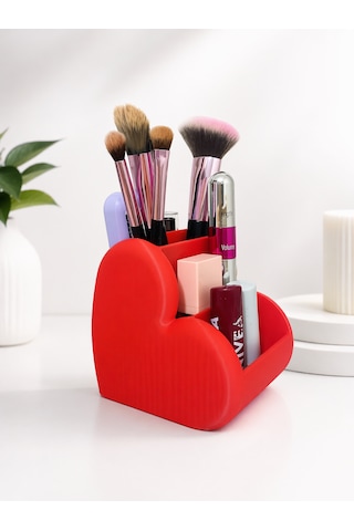 3d Baskı Kalp Tasarımlı Kalemlik & Makyaj Organizer Modern Masaüstü Düzenleyici Kırmızı
