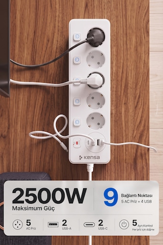Akım Korumalı Priz 5'li + 2x Usb-a + 2x Usb-c 2 Metre Kablo 2 m