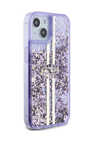 Apple Uyumlu iPhone 14 Kılıf Guess Lisanslı Transparan Sıvılı Simli Altın Çizgili Kapak Mor