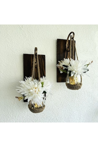 Duvar Dekoru, Led Işıklı, Beyaz Yılzdız Çiçekli, Ceviz Aplik İkili Set