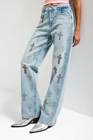 Itsbasic Kadın Kot Rengi T-4s6-32 Özel Parlak Taşlı Elastan Kumaş Tasarım Denim Jean Mavi