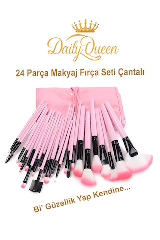 Daily Queen 24 Parça Makyaj Fırça Seti Penbe Deri Çantalı Lüx Ve Kaliteli
