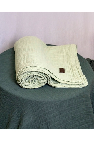 4 Katlı Müslin Yatak Örtüsü - Battaniye Pike %100 Organik Pamuk Dört Mevsim Yumuşak Çift Kişilik Açık Yeşil