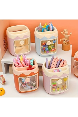 Sevimli Masaüstü Kalemlik Kawaii Kapaklı Mini Dolaplı Kalemlik - Turuncu Turuncu