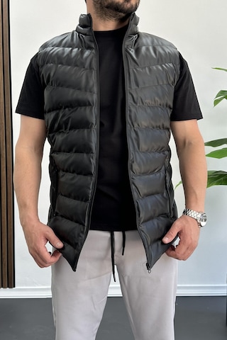 Erkek Slim Fit Fermuarlı Suni Deri Yelek Siyah Edw088-siyah