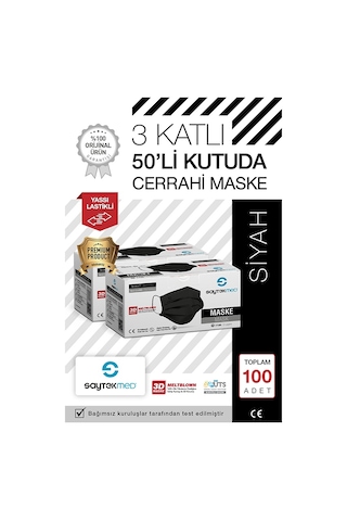 Saytekmed Meltblown Filtreli, Yassı İpli, 3 Katlı Siyah Maske (2 Kutu/100 Adet) Saytekmed Meltblown Filtreli, Yassı İpli, 3 Katlı Siyah Maske (2 Kutu/100 Adet)
