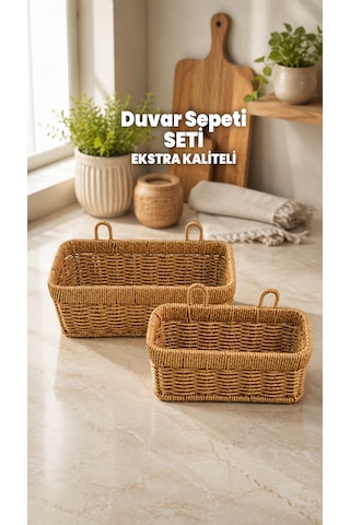 2 Adet Dikdörtgen Hasır Duvar Sepet Seti - Düz Hasır Rattan Duvar Saksısı - Yüksek Kaliteli Çelik Hasır - Tutma Sapı Ve Duvar Aparatı