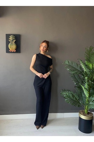 Kadın Waffle Kumaş Kayık Yaka Crop Bluz Pantolon Takım Rahat Şık Yazlık 2 Li Takım Siyah