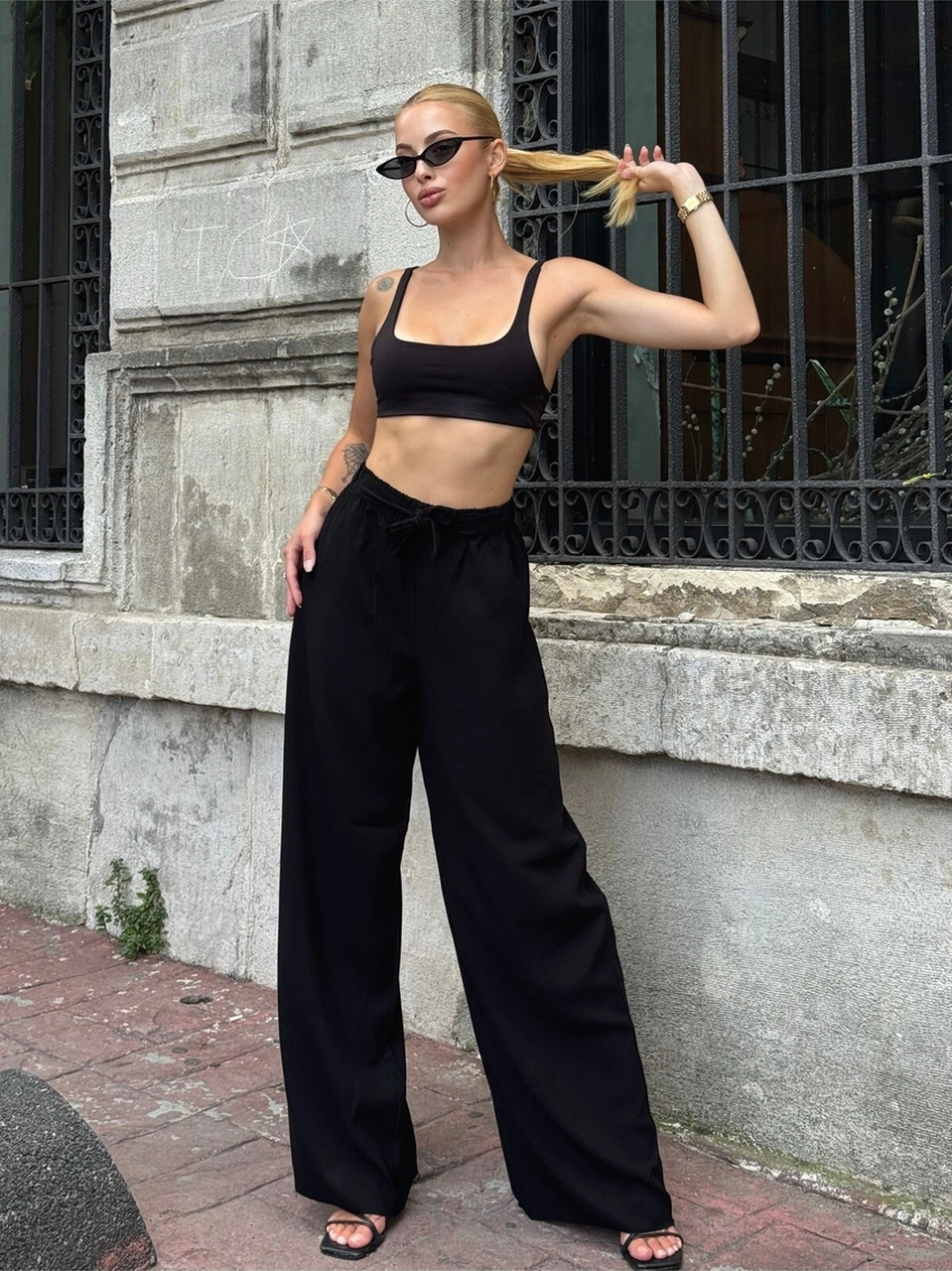 Kadın Yüksek Bel Kuşaklı %100 Viscose Pamuk Geniş Paça Şık Casual Büyük Beden Curve Pantolon Siyah