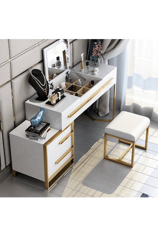 Cristina Beyaz Gold Metal Makyaj Masası