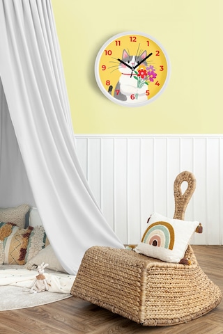 Sevimli Kedi Çocuk Odası Duvar Saati - 30cm - Önü Camlı Beyaz Kasa - Sessiz Mekanizma-jh1125 Beyaz