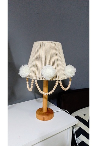 Makrome İp Sargılı Avize Abajur Set Çocuk Odası Avize Bebek Odası Avize Ponpon Boncuk Ekru