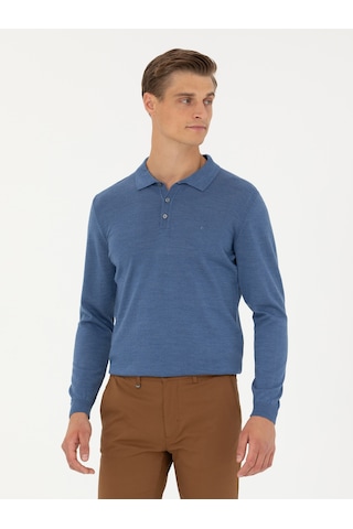 Cacharel Koyu Mavi Slim Fit Polo Yaka Basic Triko Kazak