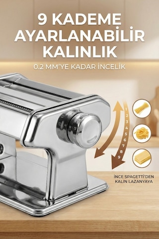 Manuel Makarna Makinesi - Erişte Ve Hamur Açma Makinesi - Çift Kesici Başlıklı - 9 Kademe Ayarlı Gri
