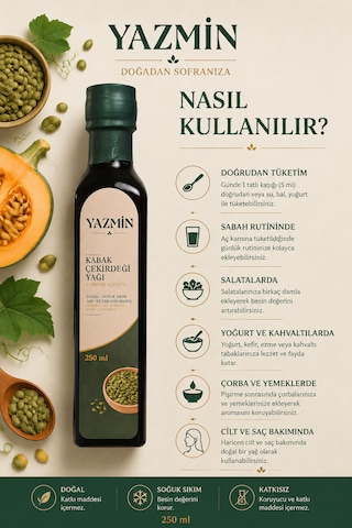Yazmin Kabak Çekirdeği Yağı 250 Ml Cam Şişe Soğuk Sıkım %100 Saf Doğal Kabak Çekirdeği Yağı