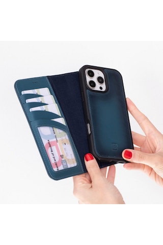 Apple Uyumlu iPhone Bouletta 16 Pro Hakiki Deri El Yapımı Cüzdanlı Kılıf Gölgeli Mavi