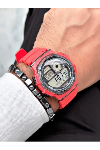 Casio Nda3185 Dünya Saati Takvimli Erkek Kol Saati Kırmızı + Bileklik