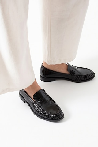 Luvi Shoes Chen Siyah Kırışık Rugan Hakiki Deri Kadın Loafer Ayakkabı