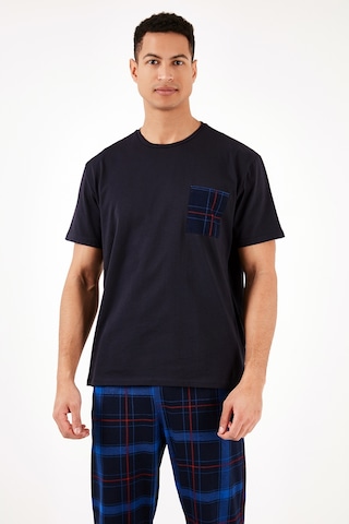 Buratti Ekoseli Pamuklu Regular Fit Kısa Kollu Erkek Pijama Takımı 6572002 Lacivert-Saks
