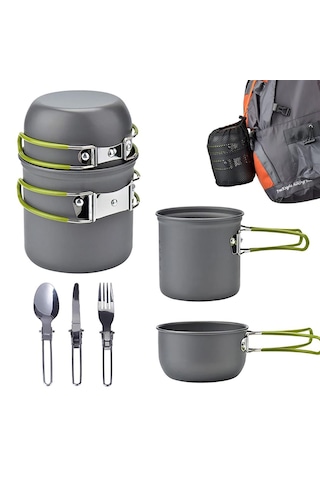 Sunup Taşınabilir Katlanabilir Kamp Tencere Tabak Seti - Paslanmaz Çelik Kaşık Çatal Bıçak Sofra Takımı, Yapışmaz Alüminyum Isı Yalıtımlı Açık Hava Kampı, Yürüyüş & Trekking Ekipmanı Taşıma Çantalı Gri