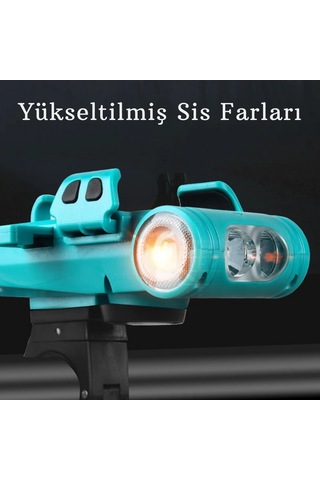 Techtic 5in1 Bisiklet Feneri Şarjlı Telefon Tutucu+korna +sis Far Yeşil