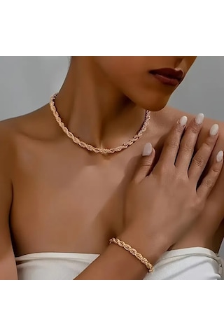 Rosegold Kalın 3mm Burgu Çelik Kolye Ve Bileklik Set Rose Gold