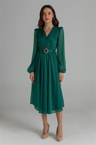 Dipmoda Kadın Kemerli Kruvaze Yaka Simli Gece Elbisesi Dpnbmy3590 Yeşil