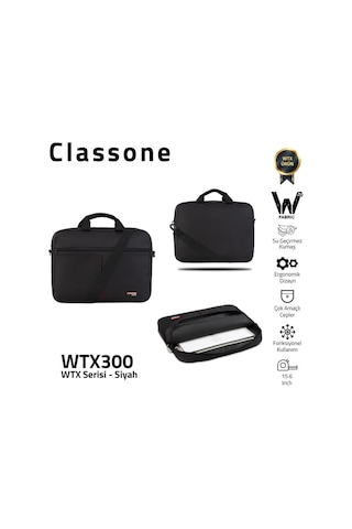 Classone Wtx300 Wtxpro Serisi 15.6 İnch Su Geçirmez Kumaş Apple Uyumlu MacBook , Laptop , Notebook El Çantası- Siyah