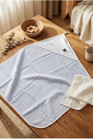 Mavi 4 Kat Müslin Çok Amaçlı Bebek Banyo Bornozu 85x85 Cm Açık Mavi