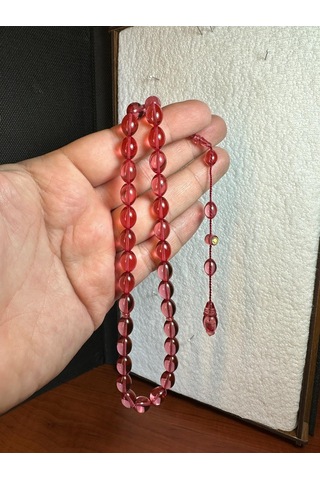 Ateş Kehribar Tesbih Pembe Renkli Şeffaf Beyzi Kesim 7mm X 11 Mm