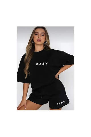 Medinenur Kadın Baby Baskılı Tshirt Şort Takım Siyah