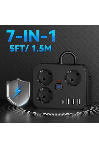 Xuweiwei 7si 1 Arada Güç Şeridi 3 Ac 3 Usb 1 Tipc Aşırı Yük Koruması Duvara Monte Siyah 1524cm Siyah-1524cm