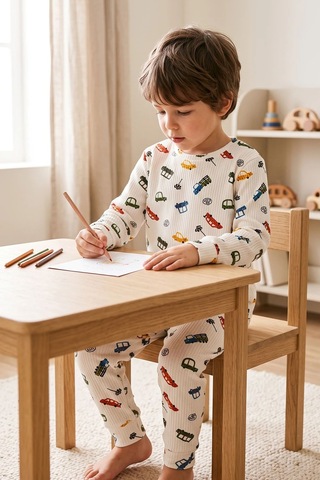 Zuzunga Renklı Mini Arabalar Desenli Erkek Çocuk Fitilli Pijama Takımı Ekru